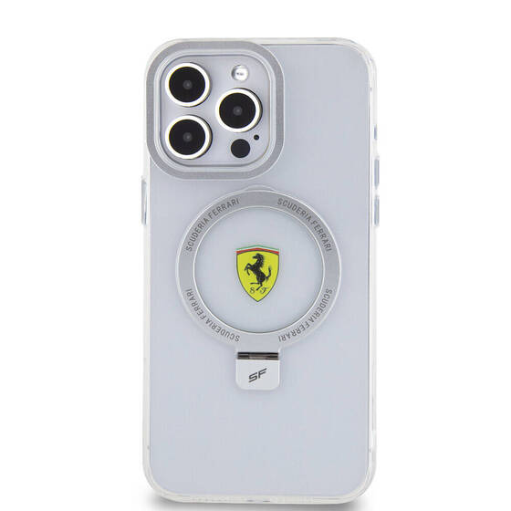 iPhone 15 Pro Max Uyumlu Kılıf Ferrari Magsafe Şarj Özellikli Standlı Buzlu Yüzey Dizayn Kapak Gümüş