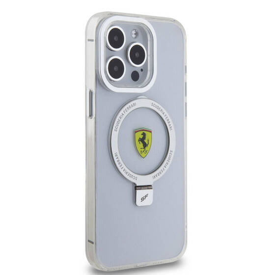iPhone 15 Pro Max Uyumlu Kılıf Ferrari Magsafe Şarj Özellikli Standlı Buzlu Yüzey Dizayn Kapak Gümüş