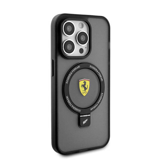 iPhone 15 Pro Max Uyumlu Kılıf Ferrari Magsafe Şarj Özellikli Standlı Buzlu Yüzey Dizayn Kapak Siyah