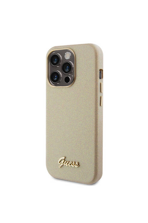 iPhone 15 Pro Max Uyumlu Kılıf Guess Lisanslı Yazı Logolu Glitter Glossy Script Kapak Gold