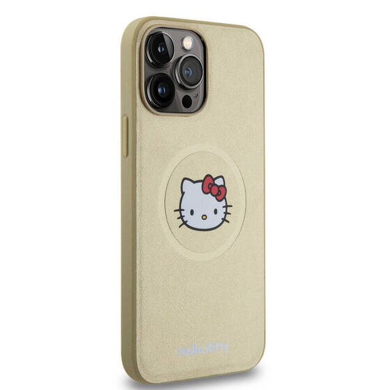 iPhone 15 Pro Max Uyumlu Kılıf Hello Kitty Orj Lisanslı Magsafe Şarj Özellikli Kitty Head Deri Gold