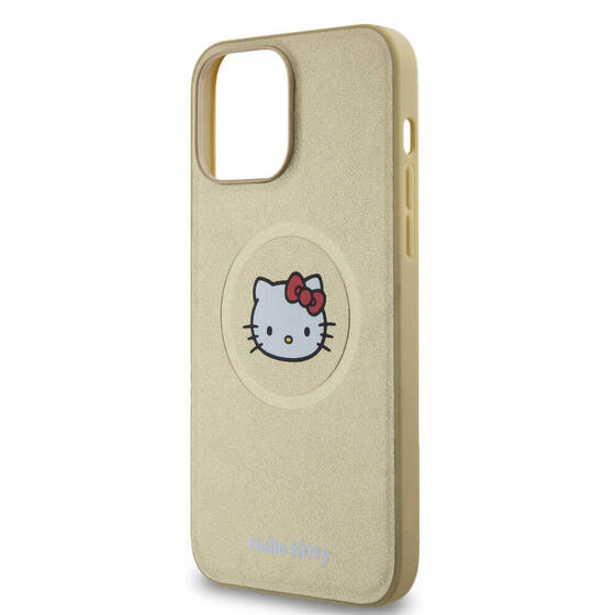 iPhone 15 Pro Max Uyumlu Kılıf Hello Kitty Orj Lisanslı Magsafe Şarj Özellikli Kitty Head Deri Gold