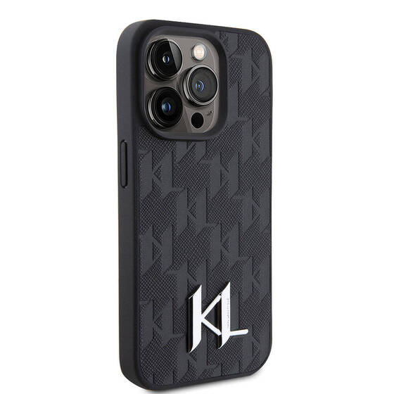 iPhone 15 Pro Max Uyumlu Kılıf Karl Lagerfeld Hot Stamp K&L Metal Logo Orjinal Lisanslı Kapak Siyah