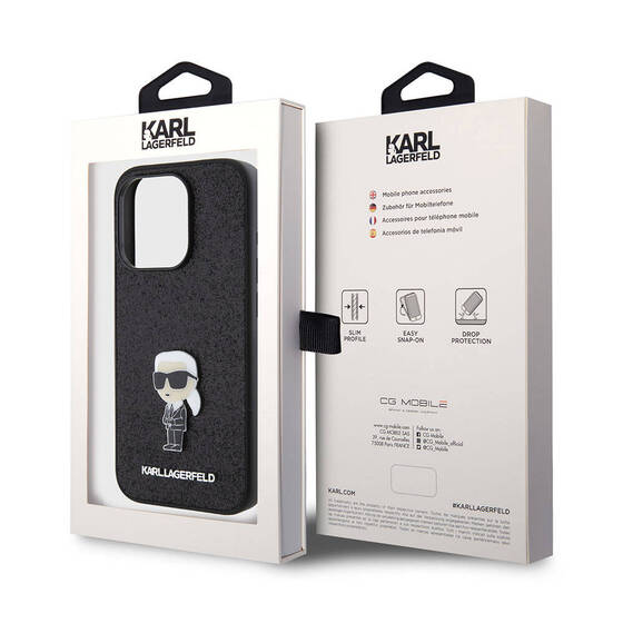 iPhone 15 Pro Max Uyumlu Kılıf Karl Lagerfeld İkonik Fixed Glitter Metal Logo Orjinal Lisanslı Siyah