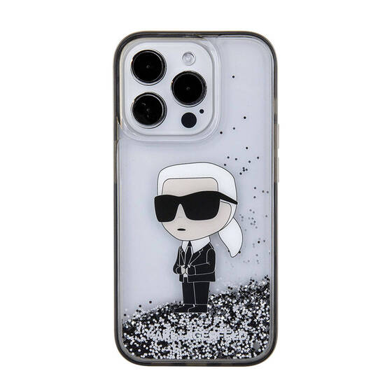 iPhone 15 Pro Max Uyumlu Kılıf Karl Lagerfeld İkonik Sıvılı Glitter Orjinal Lisanslı Kapak Şeffaf