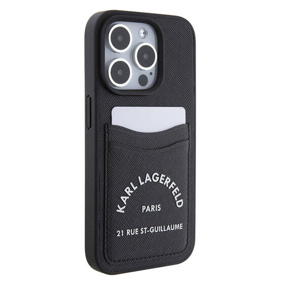 iPhone 15 Pro Max Uyumlu Kılıf Karl Lagerfeld Kartlıklı Saffiano 3D RSG Logo Orjinal Lisanslı Siyah