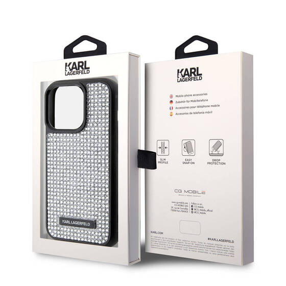 iPhone 15 Pro Max Uyumlu Kılıf Karl Lagerfeld Taşlı Metal Logo Orjinal Lisanslı Kapak Gümüş