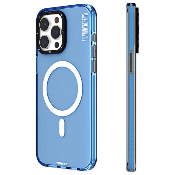 iPhone 15 Pro Max Uyumlu Kılıf Magsafe Şarj Özellikli YoungKit Crystal Color Serisi Kapak Mavi