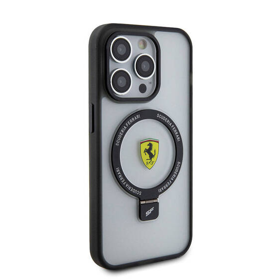 iPhone 15 Pro Uyumlu Kılıf Ferrari Magsafe Şarj Özellik Standlı Buzlu Yüzey Dizayn Transparan Siyah