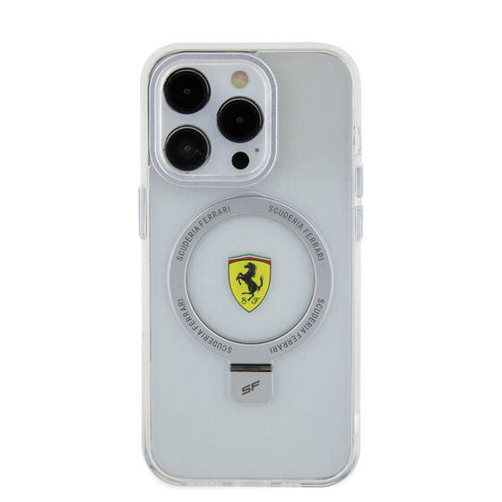 iPhone 15 Pro Uyumlu Kılıf Ferrari Magsafe Şarj Özellikli Standlı Buzlu Yüzey Dizayn Kapak Gümüş
