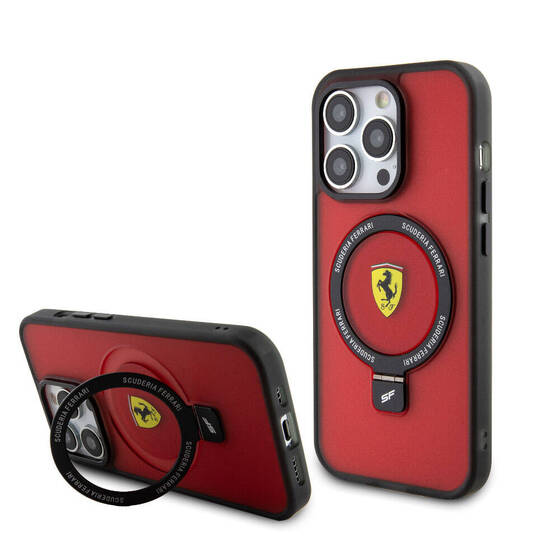 iPhone 15 Pro Uyumlu Kılıf Ferrari Magsafe Şarj Özellikli Standlı Buzlu Yüzey Dizayn Kapak Kırmızı
