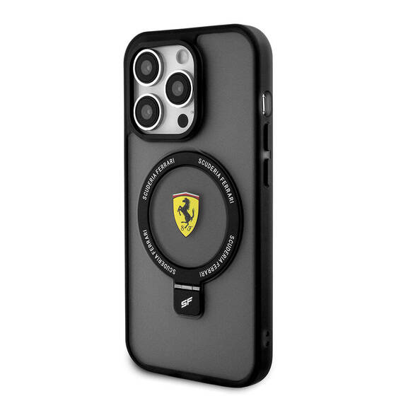 iPhone 15 Pro Uyumlu Kılıf Ferrari Magsafe Şarj Özellikli Standlı Buzlu Yüzey Dizayn Kapak Siyah