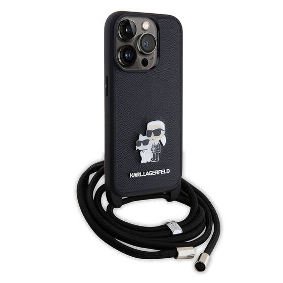 iPhone 15 Pro Uyumlu Kılıf Karl Lagerfeld Askı İpli K&C Metal Logo Orjinal Lisanslı Kapak Siyah