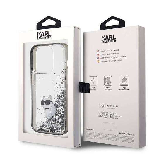 iPhone 15 Pro Uyumlu Kılıf Karl Lagerfeld Choupette Sıvılı Glitter Orjinal Lisanslı Kapak Şeffaf