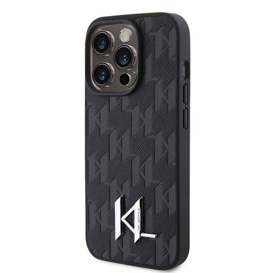iPhone 15 Pro Uyumlu Kılıf Karl Lagerfeld Hot Stamp K&L Metal Logo Orjinal Lisanslı Kapak Siyah