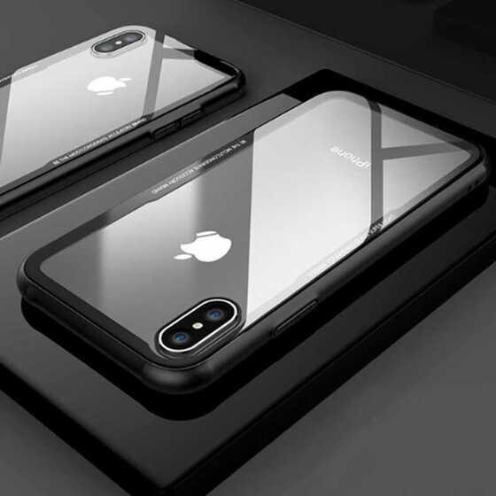 iPhone XS Max Kılıf Kenarları Silikon Arkası Şeffaf Cam Kapak