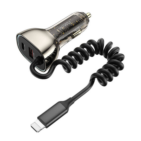 Kablolu Araç Şarj Aleti 90W Wiwu Wi-QC019 Geek Serisi Type-C + Lightning Kablolu + USB-A Hızlı Şarj