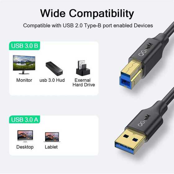 Qgeem QG-CVQ20 USB-A 3.0 to USB-B 3.0 Kablo 183 cm Yazıcı Kablosu 5 Gbps Veri Aktarım