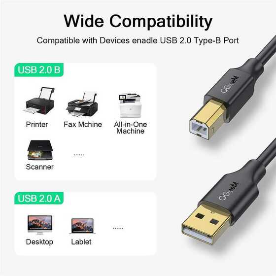 Qgeem QG-CVQ23 USB-A to USB-B Kablo 183 cm Yazıcı Kablosu 480 Mbps Veri Aktarım