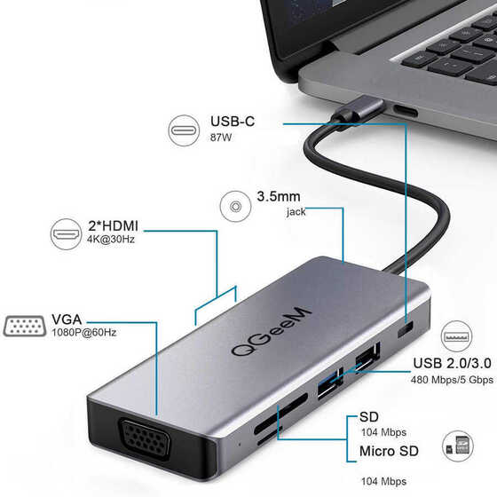 Qgeem QG-UH09 9 in 1 Çok Fonksiyonlu Usb Çoğaltıcı Hub VGA-HDMI-3.5mm-SD Kart