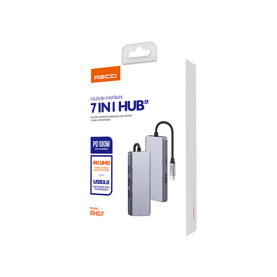 Recci RH07 7 in 1 Type-C Hub PD 100W Şarj Destekli SD Kart-HDMI-USB Çoğaltıcı Kablo 120mm