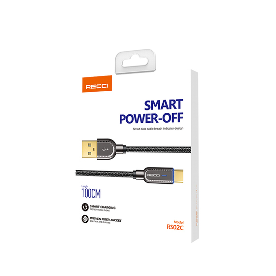 Recci RS02C Smart Power-Off Serisi Hızlı Şarj Özellikli USB-A To Type-C Kablo 1M