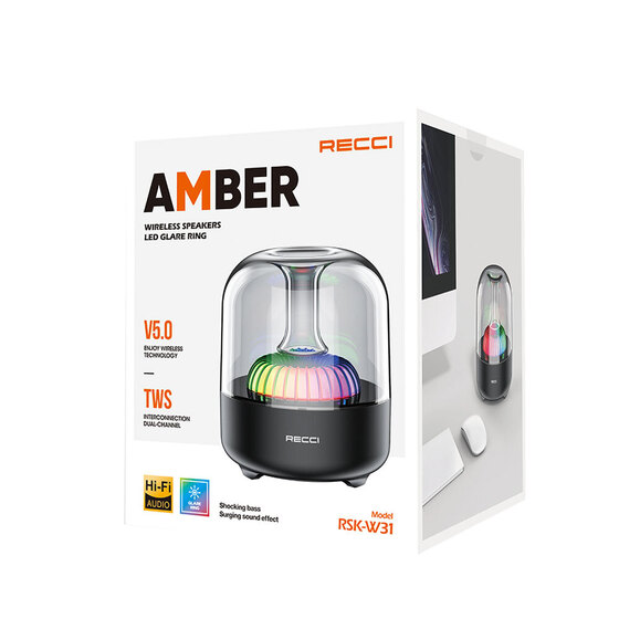 Recci RSK-W31 Amber Serisi FM/TF/AUX Hi-Fi RGB Işıklı Wireless Bluetooth 5.0 Speaker Hoparlör 5W 500mAh