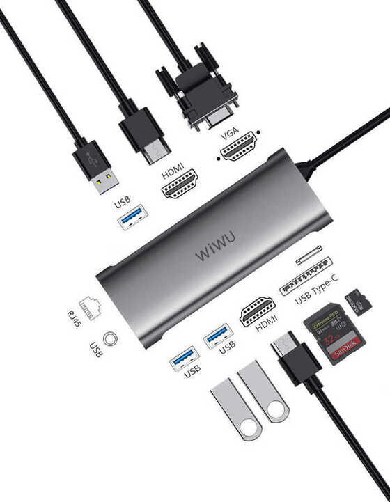 Wiwu Alpha 11312H 11 in 1 Type-C Hub HDMI 4K + VGA + RJ45 Ethernet + Aux Çoğaltıcı Dönüştürücü