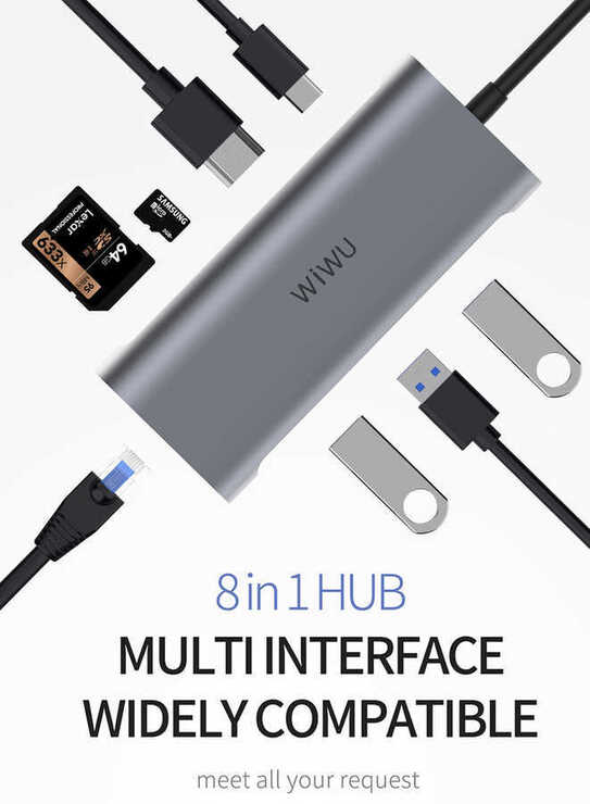 Wiwu Alpha 831HRT Type-C Hub 8 in 1 HDMI 4K + RJ45 Ethernet + USB 3.0 + SD Çoğaltıcı Adaptör