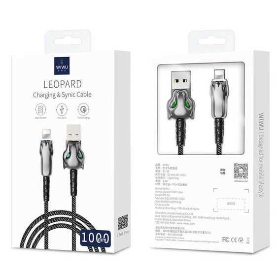 Wiwu Leopard Lightning USB Kablo 2.4A Hızlı Şarj Kablosu 100 cm Data Kablo Naylon Örgü