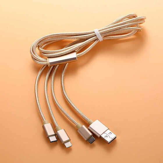 Xipin LX09 3 in 1 USB Kablo (Type-C + Lightning + Micro) 2.4A Şarj Kablosu 120 cm Kumaş Örgülü